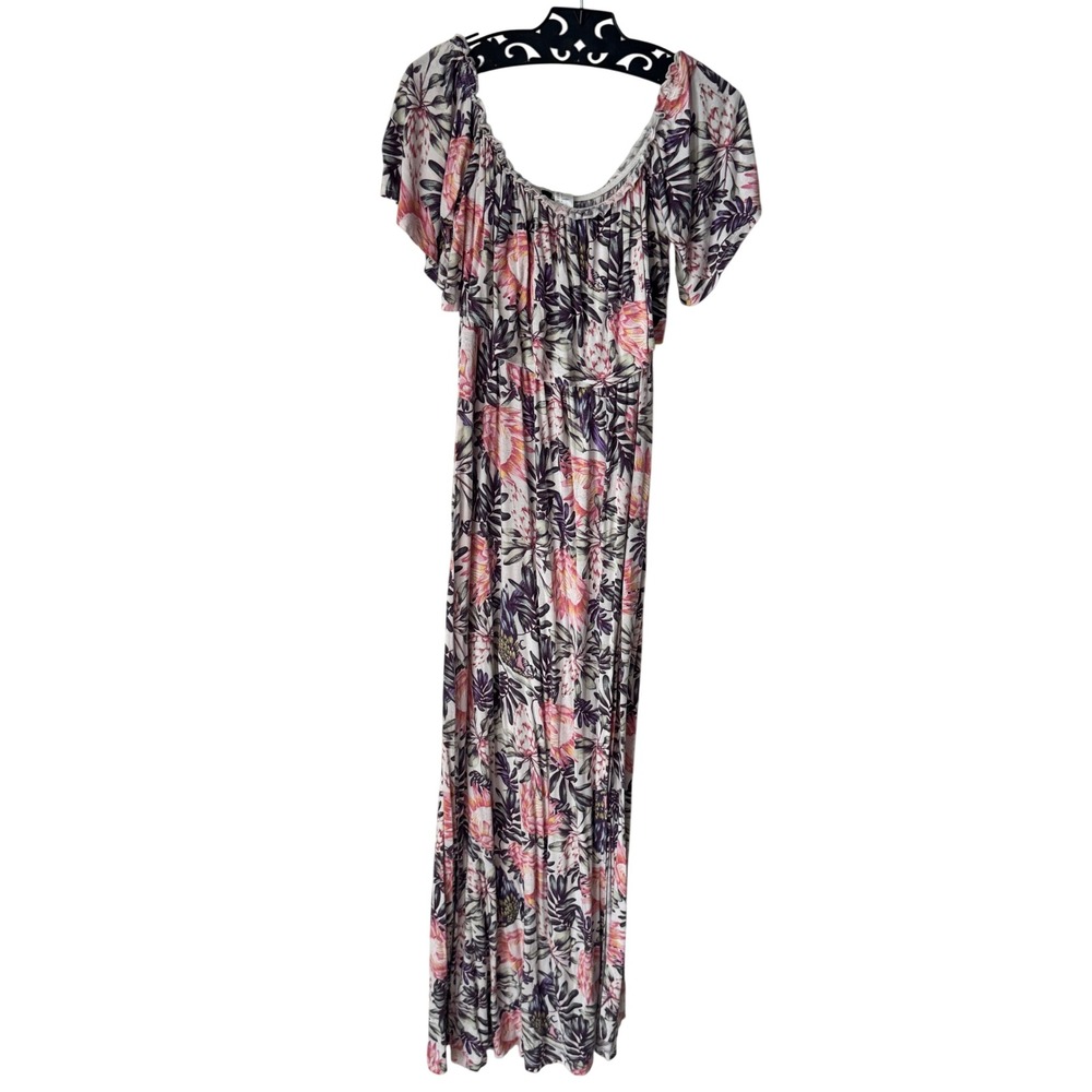 H&M Divided Tropical Floral Off Shoulder Maxi Dress Pink Purple White Size 4